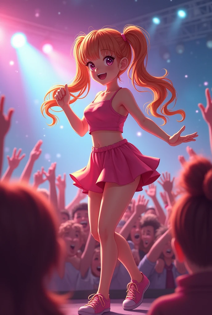 Highest quality、High resolution、Detailed Background、(Beautiful face in every detail:1.4)、Normal number of fingers、Highly detailed face、Detailed eyes、Teenage beauty、Perfect body line、(Huge breasts:1.2)、Brightly colored hair、ponytail、Twin tails、Bobcut、A big smile、Vibrant、cute衣装を着てステージで踊るアイドルの、No sleeve、Show your side、Panty Shot、cute