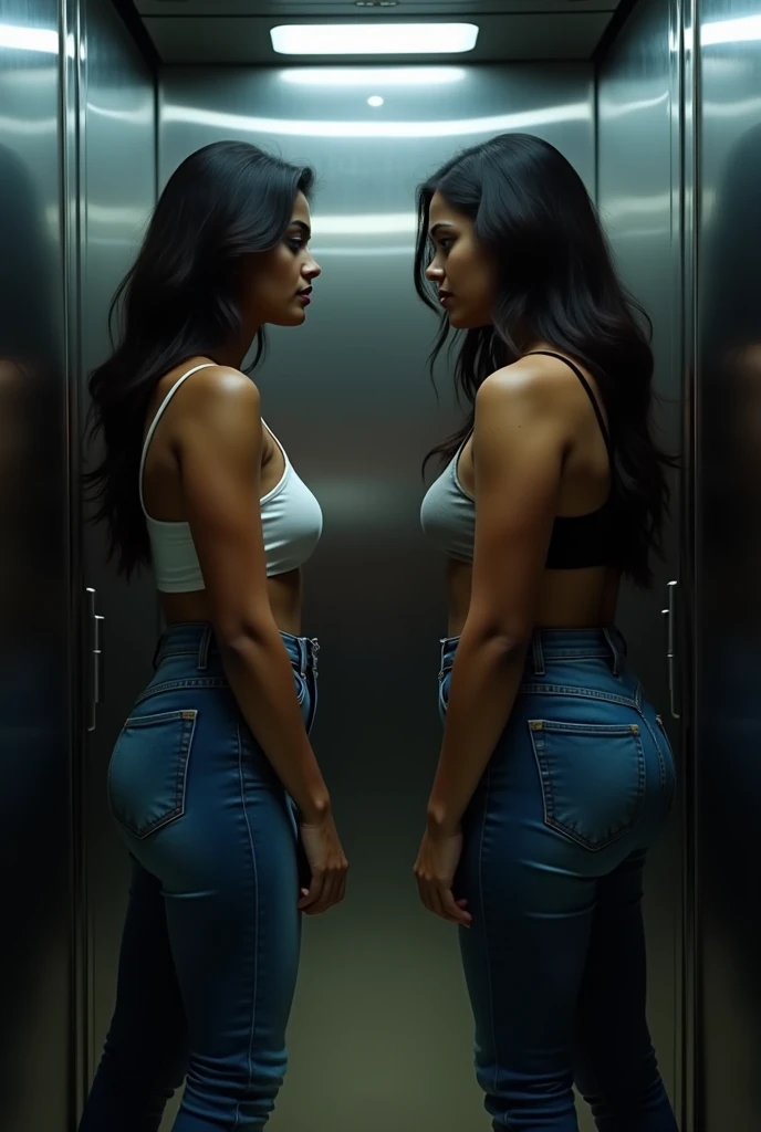 Two indian women age 20 big breast sexy figure tight ass very big ass staring hatefully each other in elevator wearing tight jeans pushing each other against angry catfight wall 4k max masterpiece ultra HD