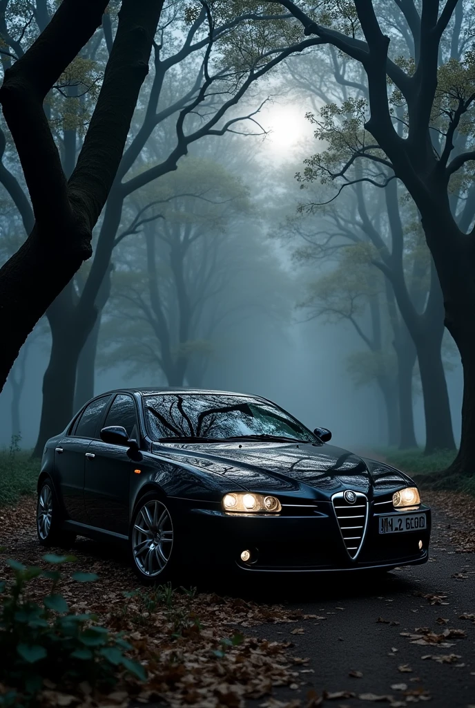 full black alfa romeo 159 TI night in forest