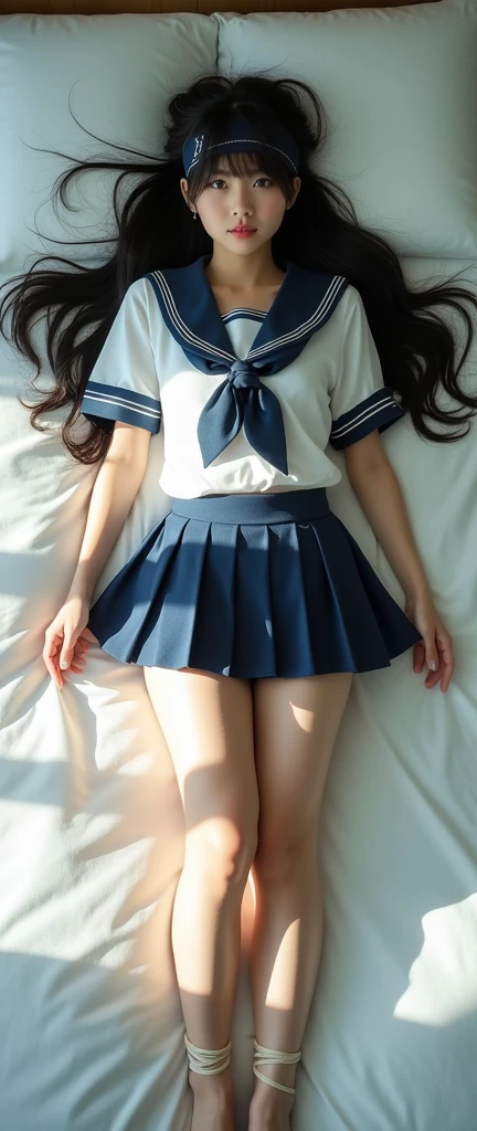 Japanese women Black Hair Long Hair bed In a sailor school uniform Blindfolded, hands and feet tied with rope Bird View (Full Body:1.4) Bright room (White panties visible through the skirt:0.9) Lie