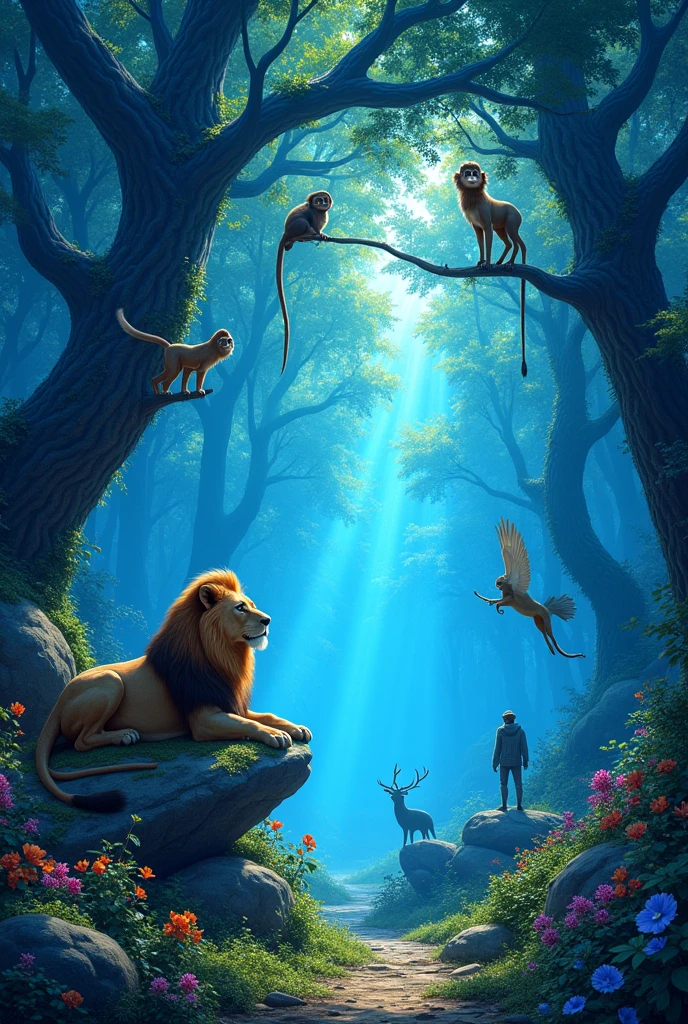 Create an image with an animal kingdom theme, with various animals in a kind of blue forest with lots of trees