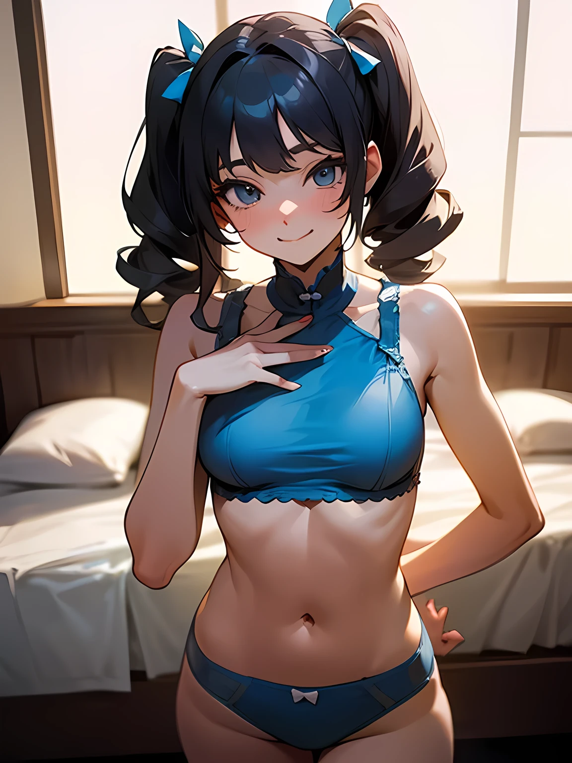 solo,upperbody,blue curly twintail,Embarrassed smile、Daughter of a European millionaire、(Senior sexy cute underwear),secret、England、Bedroom、snap shot、Looking at this++、(Model Pose),