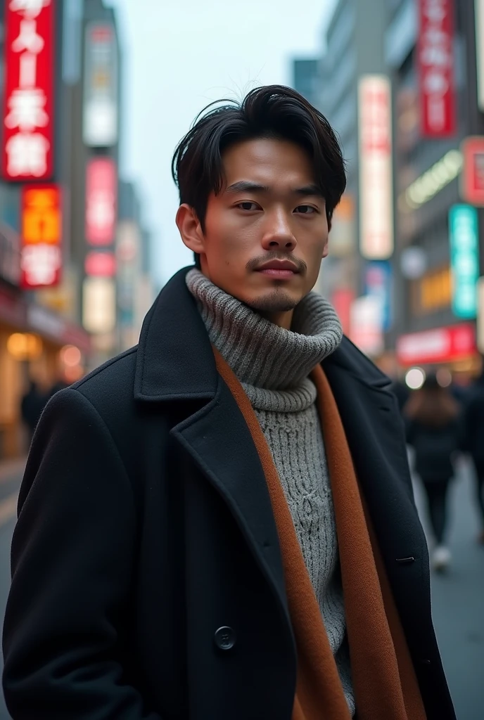 Photorealistic, 8K Full Body Portrait, a gorgeous, A man of 25 years old, A charming expression, detailed face details, TOKYO October, Winters, Shibuya in the background