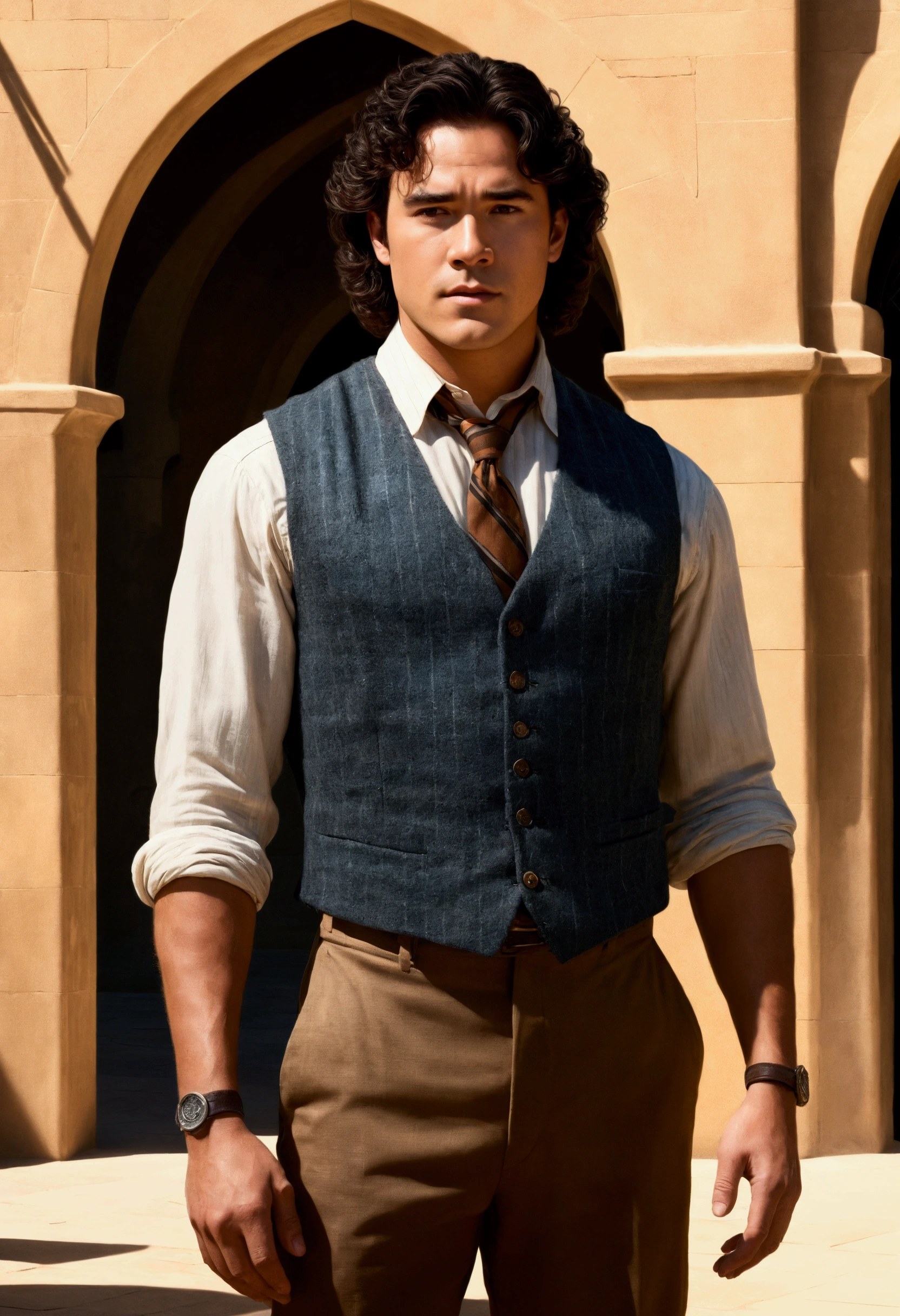 An illustrated movie poster, hand-drawn, full color, a Hogwarts Professor, 21 years old, male, brown eyes, brown-black hair, voluminous curly mane, suntan complexion, medium height, broad shoulders, stocky frame, muscular, rugged scruffy appearance, lots of body hair, resembles Dean Cain, wearing a tweed vest and slacks, standing in the transfiguration courtyard, hard shadows, graphite shading, stencil marks, airbrushed acrylic paint, masterpiece, in the style of the Deathly Hallows
