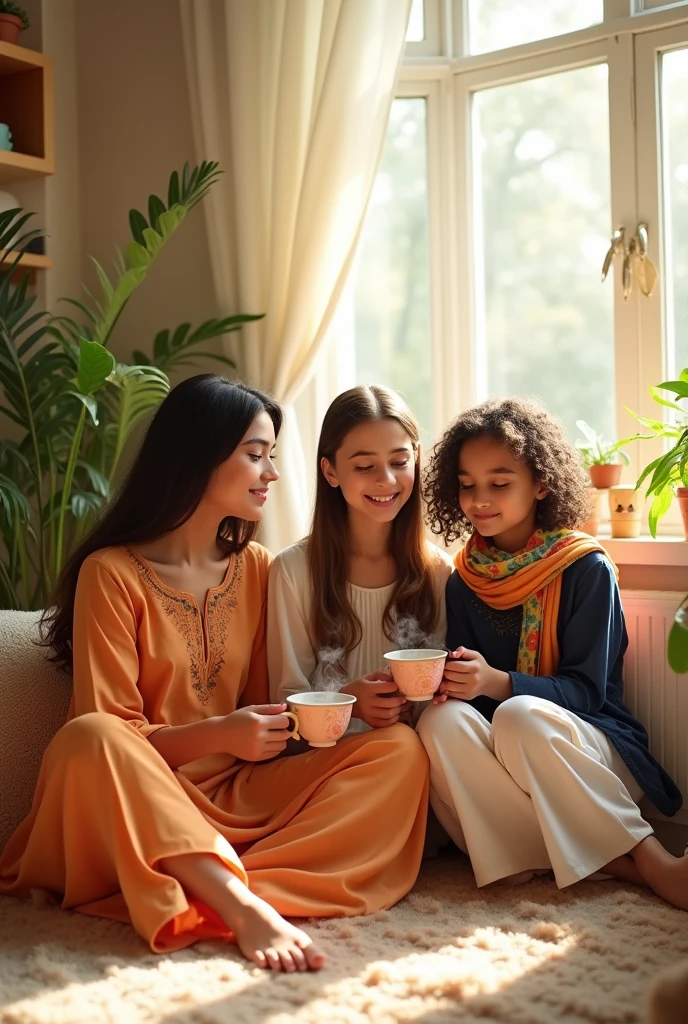 3 sisters are sitting on the floor, drinking tea, older one is 22 years old, young lady, tanned skin, wearing light orange colour designed shalwar kameej, middle one 20 years old, young lady, tallest, white skin, slightly curly hair, long hair,wearing dark blue tunic and white loose trouser,a scarf, little one 11 years old, young girl, small hair,white skin,wearing red colour half pant and red colour fotua( top)