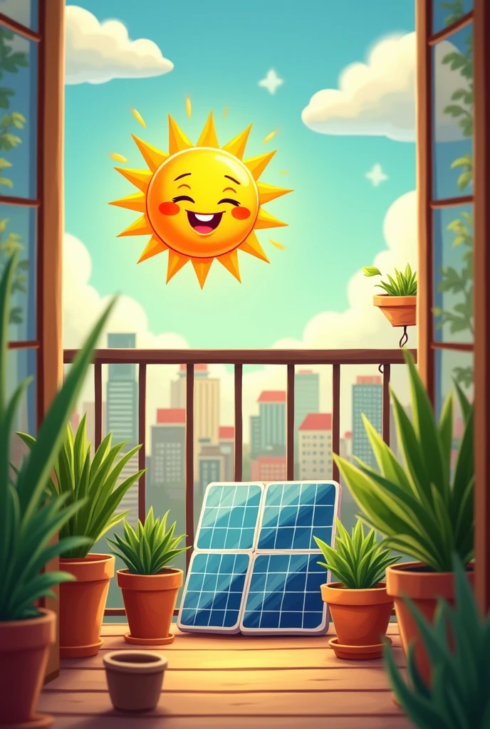 A small cartoon sun to promote solar energy in a city apartment