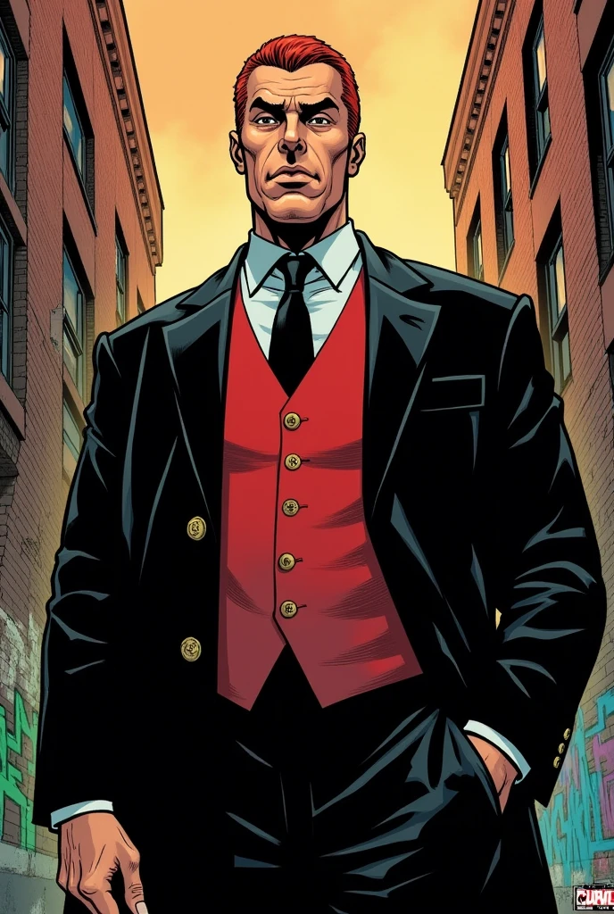 Miranda from the book The Tenement, Comics version, Miranda is a man wearing a suit, red hair slicked back, Um homem de meia idade, with a big belly, your suit is black, but the vest inside is red. 