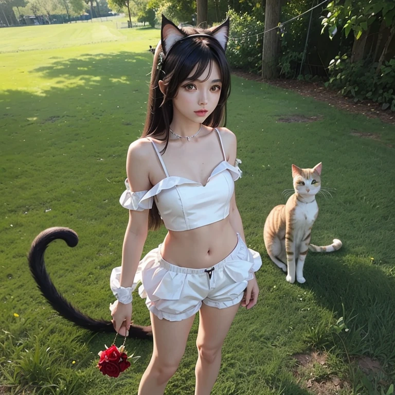 Araffe-Frau im Bikini mit Kuhprint und rotem Halsband, anime girl cosplay, Cow-Girl, Shikamimi, Campy. Cow costume with udders, Miko, Kemono, japanese goddess, Kuh, with black pigtails, Cosplay-Anime, , Cosplay, Cosplay eines Catboys! Dienstmagd! Kleid