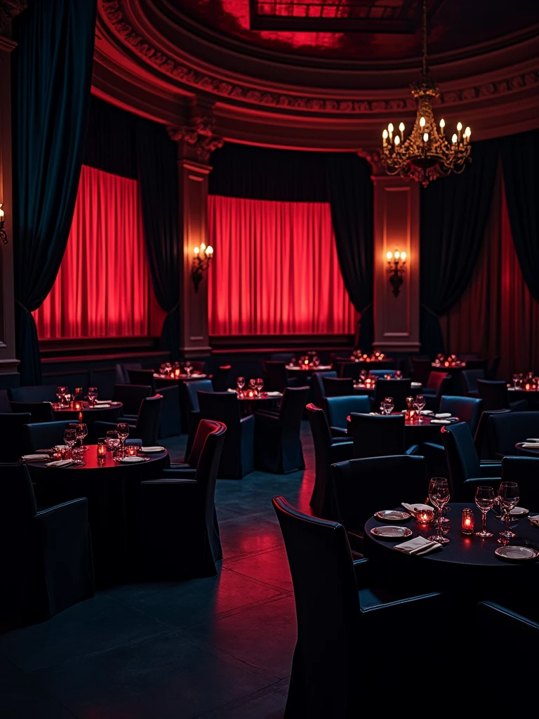 there is a room with tables and chairs and a projector screen, detailed an empty jazz cafe, ballroom background, random background scene, neo - noir setting, red room, nightclub, stage background, vip room, rich atmosphere, theatrical scenery, theater stage, empty stage, palatial scene, fancy restaurant, rich cinematic atmosphere, va-11 hall-a