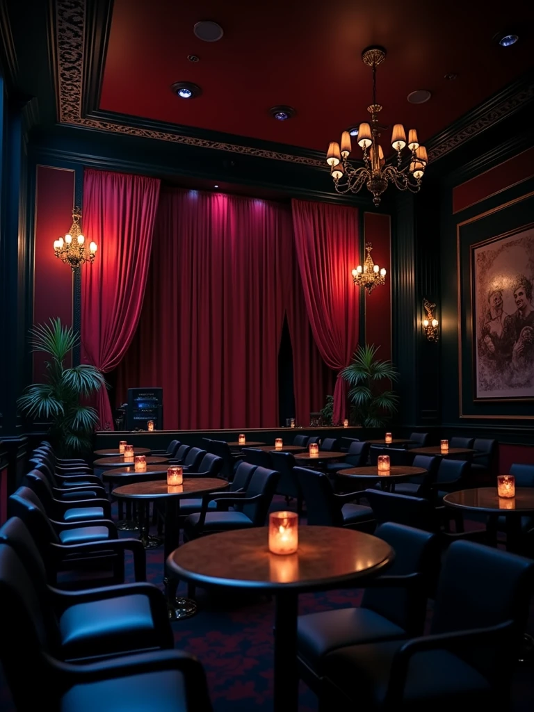 there is a room with tables and chairs and a projector screen, detailed an empty jazz cafe, ballroom background, random background scene, neo - noir setting, red room, nightclub, stage background, vip room, rich atmosphere, theatrical scenery, theater stage, empty stage, palatial scene, fancy restaurant, rich cinematic atmosphere, va-11 hall-a