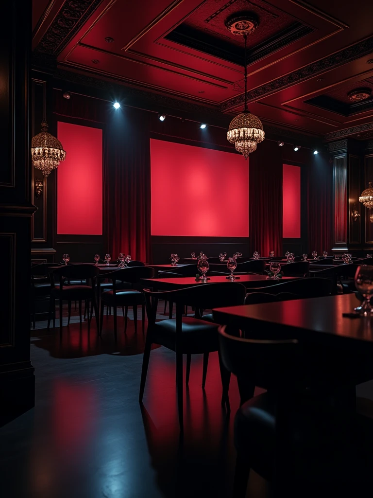 there is a room with tables and chairs and a projector screen, detailed an empty jazz cafe, ballroom background, random background scene, neo - noir setting, red room, nightclub, stage background, vip room, rich atmosphere, theatrical scenery, theater stage, empty stage, palatial scene, fancy restaurant, rich cinematic atmosphere, va-11 hall-a