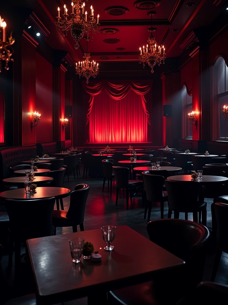 there is a room with tables and chairs and a projector screen, detailed an empty jazz cafe, ballroom background, random background scene, neo - noir setting, red room, nightclub, stage background, vip room, rich atmosphere, theatrical scenery, theater stage, empty stage, palatial scene, fancy restaurant, rich cinematic atmosphere, va-11 hall-a