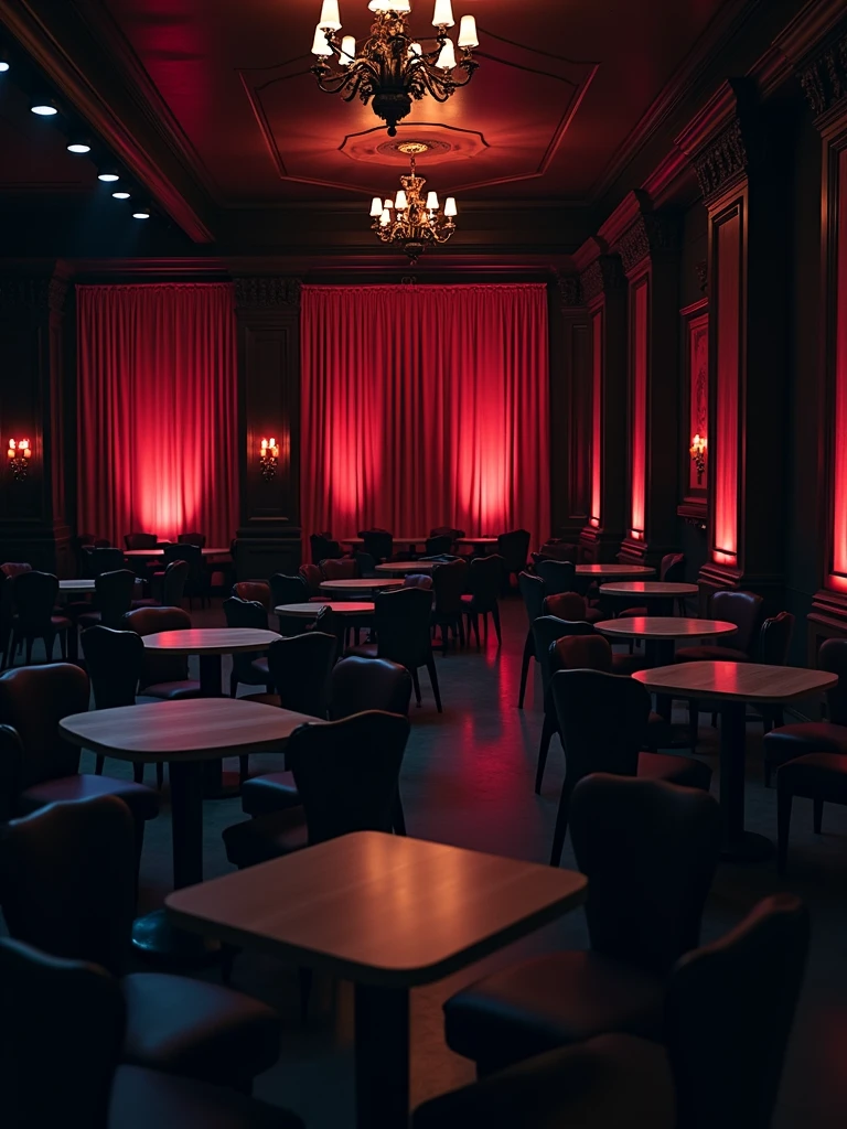 there is a room with tables and chairs and a projector screen, detailed an empty jazz cafe, ballroom background, random background scene, neo - noir setting, red room, nightclub, stage background, vip room, rich atmosphere, theatrical scenery, theater stage, empty stage, palatial scene, fancy restaurant, rich cinematic atmosphere, va-11 hall-a