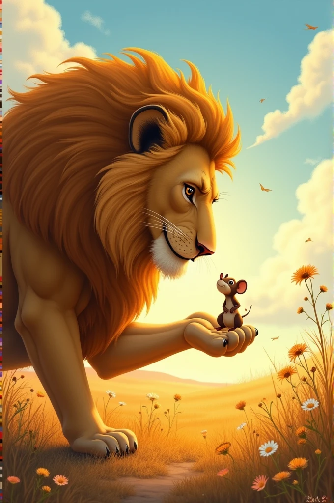 Image of the Lion Letting the Mouse Go:The lion releasing the mouse with a more understanding and forgiving look, while the mouse looks relieved and grateful.