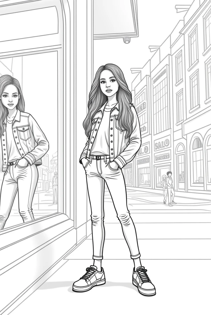 You are the manager of the Zara brand.. Create a children's coloring illustration with fashionable clothes elements for girls:: The picture is black and white, so that the children can color it themselves . girl in jeans and a denim jacket, in sneakers, hair below the shoulders, iPhone in hand - standing near the window of a Zara store and taking a photo of himself in the reflection of the glass