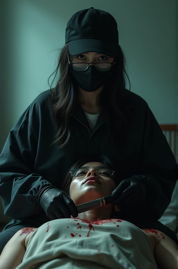 korean girl, (behind stiff, holding knife), stabbing, black surgical mask, black gloves, glasses, torture chamber, black raincoat, trucker hat, holding knife, black gloves, woman on top, behind cadaver, blood splatter, on the bed, looking at viewer, mass murderer, killer, low ponytail, blood splatter, dark atmosphere, cinematic lighting, atmospheric realistic, light from the window,