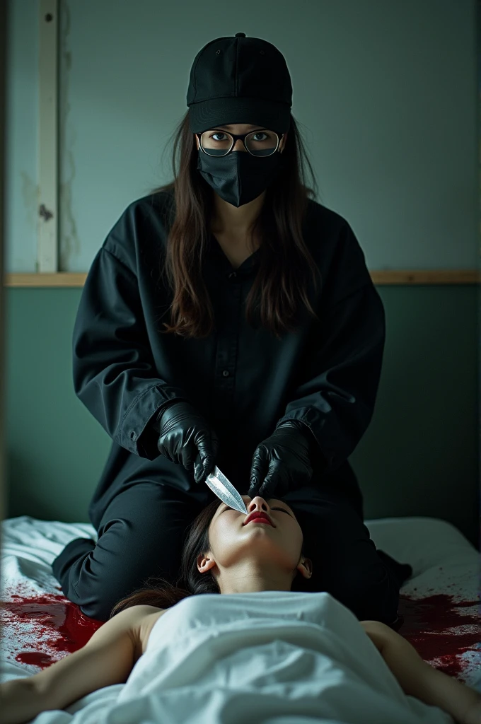 korean girl, (behind stiff, holding knife), stabbing, black surgical mask, black gloves, glasses, torture chamber, black raincoat, trucker hat, holding knife, black gloves, woman on top, behind cadaver, blood splatter, on the bed, looking at viewer, mass murderer, killer, low ponytail, blood splatter, dark atmosphere, cinematic lighting, atmospheric realistic, light from the window,