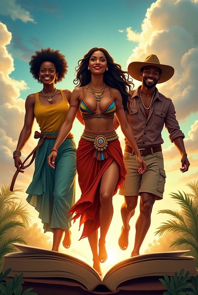 three people. a black African woman, A VERY BEAUTIFUL INDIGENOUS WOMAN FROM THE AMAZON AND A MAN FROM THE NORTHEAST OF BRAZIL WITH A BANDIT'S HAT, ALL SMILING AND WELL CHARACTERIZED COMING OUT OF A BOOK IN AN ARTISTIC WAY