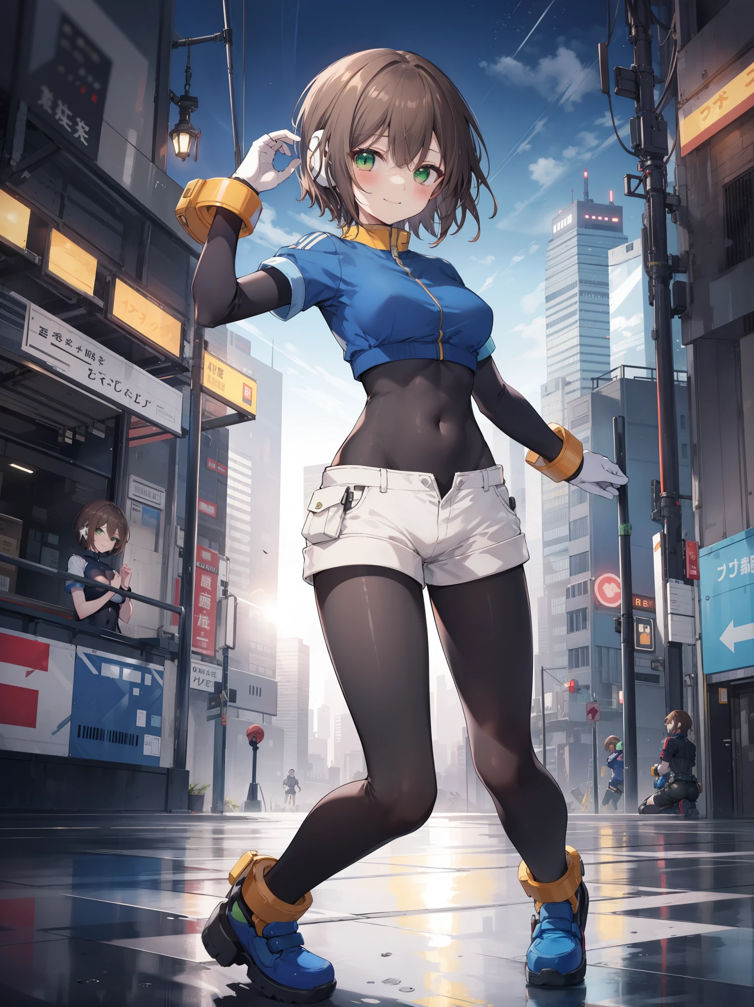 aile_megamanzx, kneeling with one hand on the ground and the other arm raised, 1girl, solo, short hair, brown hair, short sleeves, (bodysuit), robot ears, green eyes, short_shorts, short sleeves, short over long sleeves, smile, in futuristic city, , high quality, medium_breasts,crotch, slouch