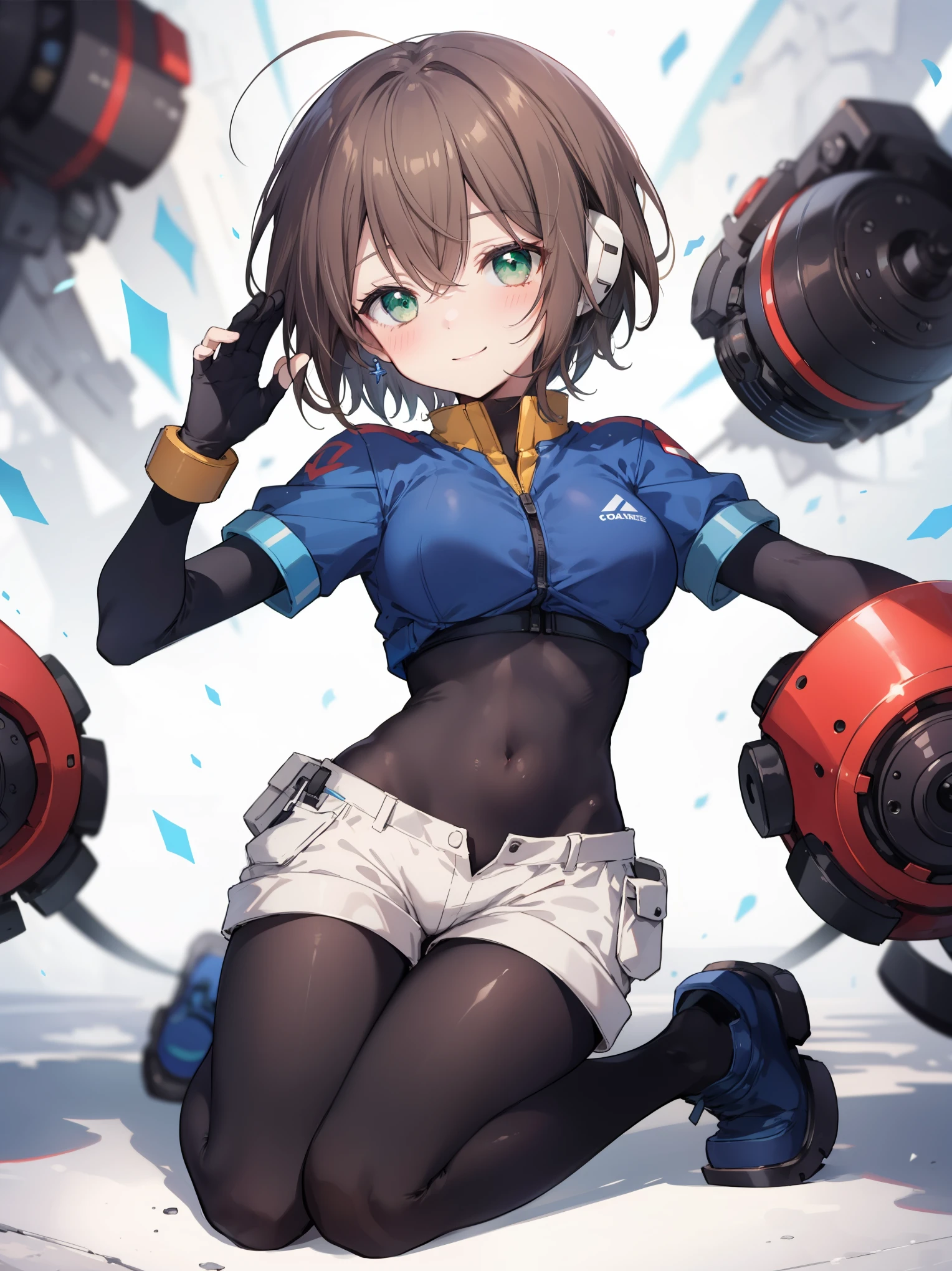 aile_megamanzx, kneeling with one hand on the ground and the other arm raised, 1girl, solo, short hair, brown hair, short sleeves, (bodysuit), robot ears, green eyes, short_shorts, short sleeves, short over long sleeves, smile, in futuristic city, , high quality, medium_breasts,crotch, slouch