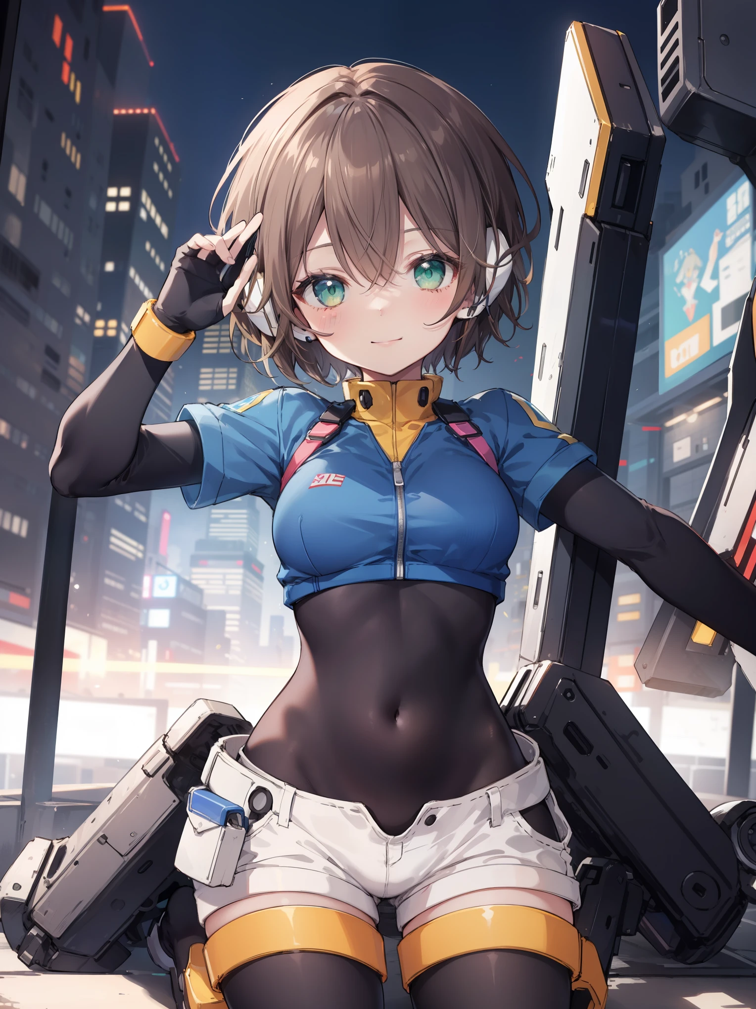 aile_megamanzx, kneeling with one hand on the ground and the other arm raised, 1girl, solo, short hair, brown hair, short sleeves, (bodysuit), robot ears, green eyes, short_shorts, short sleeves, short over long sleeves, smile, in futuristic city, , high quality, medium_breasts,crotch, slouch