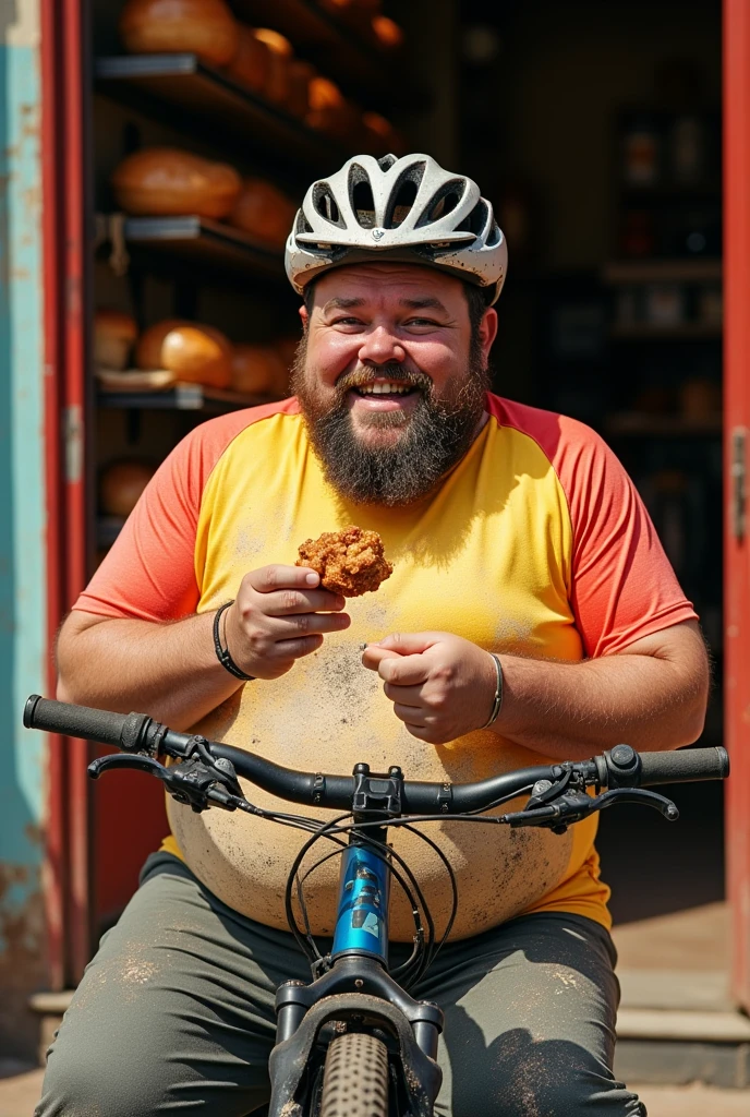 Fat cyclist with helmet and dirt-stained cycling clothes sitting in front of bakery, eating a coxinha while looking at his mountain bike all covered in dirt