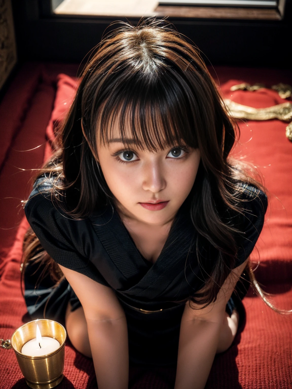 ,   alone, geisha, blue eyes, 青いgeisha衣装, Fascinating, Lie in, feet, Thighs, 黒いgeishaの髪飾り, blonde, (View from above:1.1), Pause, Fascinating, Curvy, whole body, spreading feet, Black pubic hair, feet, feet, so beautiful, Black trim, indoor, Japanese-style room, Fantasy, cherry blossoms, Very detailed, Black and Red Theme, Candlelight, night, dark, Soft lighting, Golden particles