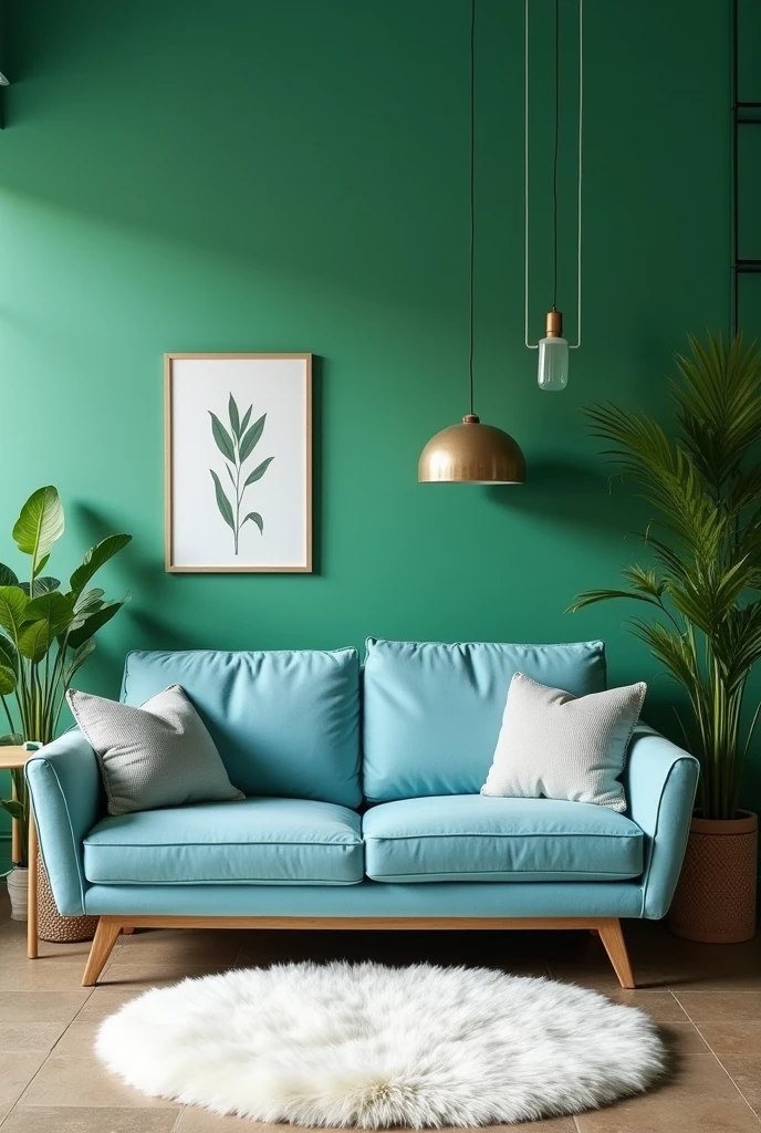 Create image of drawing room of green colour wall. Having couch of colour sky blue. Rug on the floor of white colour.