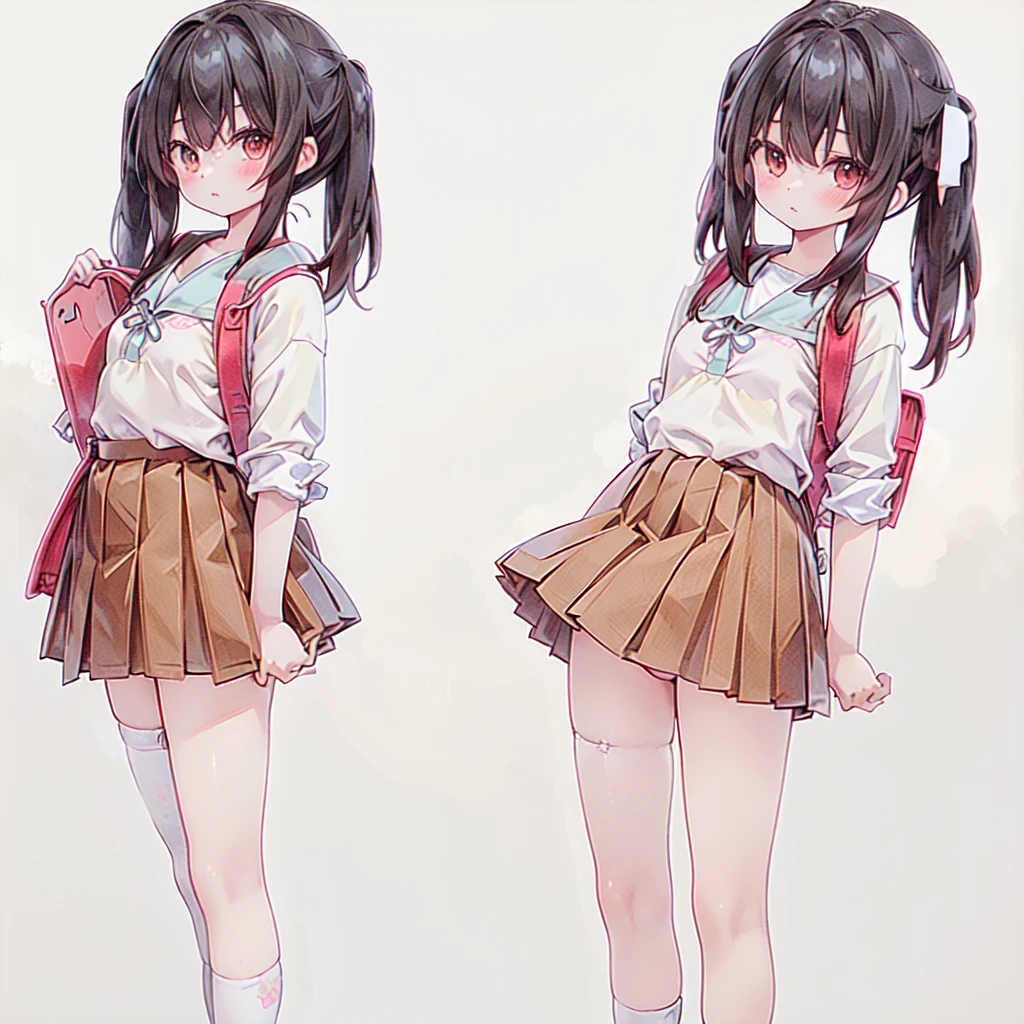 1girl,The best composition、Highest quality、Masterpiece、Twin tails、Landscape、skip、強風にあおられた小学生のが前に進めずTwin tailsがオールバックになっている、Red dress、Shiori high socks、Brown Loafers、Red School Bag、Primary yellow background、