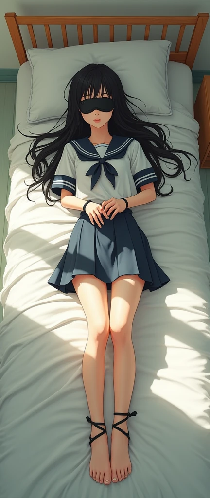 Japanese women　Black Hair　Long Hair　bed　In a sailor school uniform　Blindfolded, hands and feet tied with rope　Bird View　(Full Body:1.4)　Bright room　(White panties visible through the skirt:1.1)　Lie