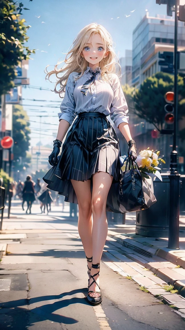 low angle,from below,((artwork, highest resolution,Best Quality)), (beautiful illustration), ((1 girl,Beautiful,young,beautiful semi-long blonde hair,rhombus stripe,pretty eyes)),(Being alone),(beautiful and elegant office blouse and black skirt),(looking at the viewer), (walking around the Flower Park),
innocent smile, white above the knees,lace chalk, bracelet, Gloves without fingers, above the knees,
lace chalk, colar de daymantes,bracelet, Gloves without fingers, earrings, cinematic lighting, Flower Park,Big city,busy street,day,blue sky,flowers and trees,overcrowded,