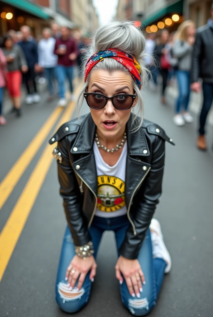 russian old milf woman, grey hair (huge top bun) and bandana as headband (big maxi glasses), with very light blue eyes, extremely pale. Wearing cropped white moto jacket with lots of zippers and pins. Sleeve zippers visible. Cropped guns and roses t-shirt, dark skinny blue jeans with holes and white tennis sneakers . Lots of metallic bracelets and collars. Tacky wide leather belt with oversized buckle. Long earrings. Kneeling like in a payer, a little bent, looking up, eyes and mouth wide open in amazement. Hands on her knees. Listening in amazement to somebody speaking to her, toned six pack abdominals, thin legs and thin arms. A lot of people around.