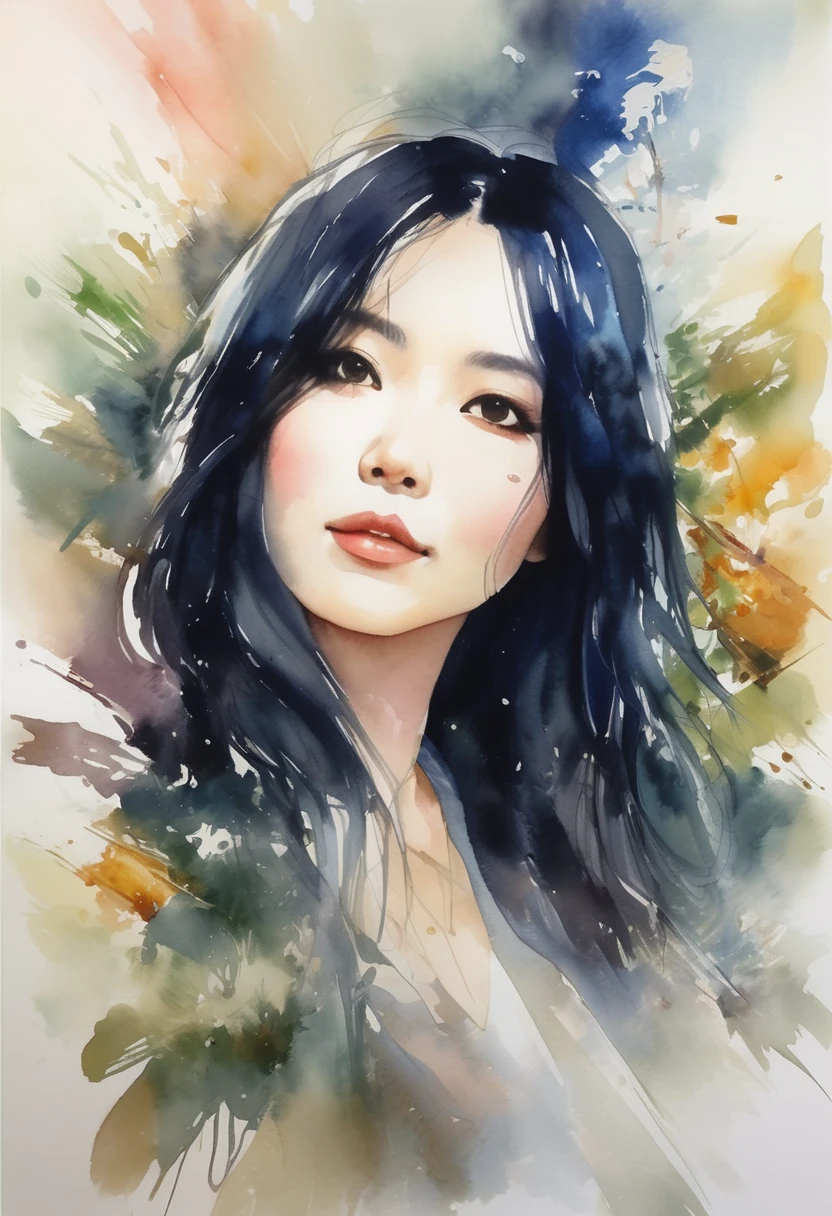 Upward angle, beautiful woman, romantic movie poster for women, neat woman with long black hair and pop woman with short white hair、masterpiece、Highest quality、Excited、Self-weight、Expressing victory、Detailed Description、Beautiful Face、Beautiful Eyes, watercolor style,