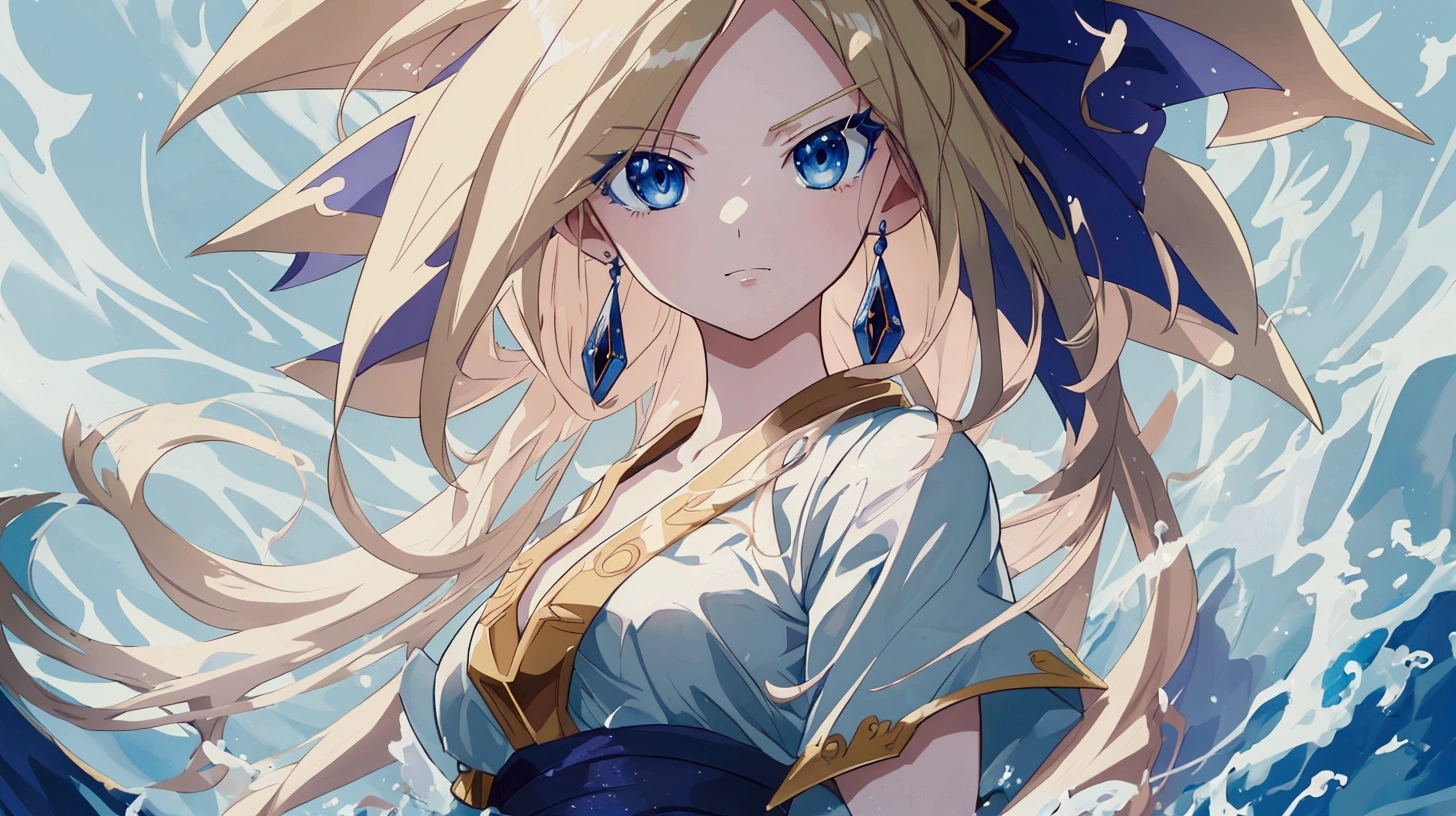 Long blond hair blue eyes anime girl standing in the water, long-haired blonde anime girl, Portrait of the Knights of the Zodiac, detailed Digital Animation Art, Anime style 4k, Beautiful anime portrait, clean Detailed anime art, Detailed anime character art, Beautiful anime art style, High-quality anime art style, Stunning anime face portraits, Digital Animation Art, Detailed anime art