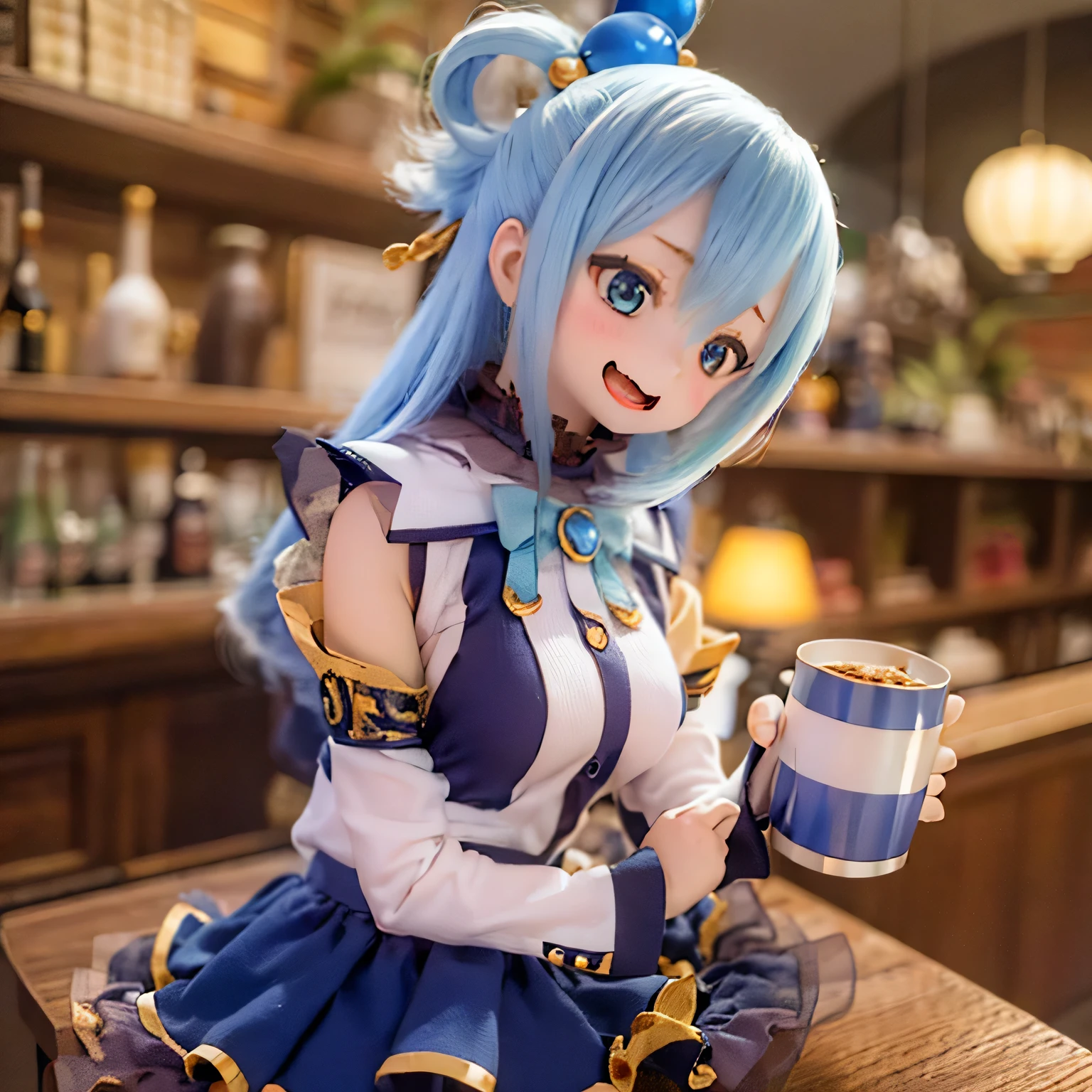 (a young girl and) Blue Hair, (wear) a white and blue dreSS, (Holding) staff, (Standing) wealthy, Vibrant Gardens, (and) At the bar (Holding a mug and drinking beer) Around her, (Down) Clear blue sky.(((((punch)))))
(Portraiture) girl&#39;S, (Realistic) rendering, (and) (Very detailed) Features, (Inclusive) Sparkling Blue EyeS, (薔薇Farbeの) lips, and (length) eyelash.
(Highest quality, 4K, High resolution) image, (and) (vivid) Farbe, (Emphasis expressed) &#39;s and lively appearance.
(the garden iS filled and)  (end) a warm and inviting atmoSphere, (and) Light up the scene.villain poSe
have a magic wand (((open your mouth and laugh)))