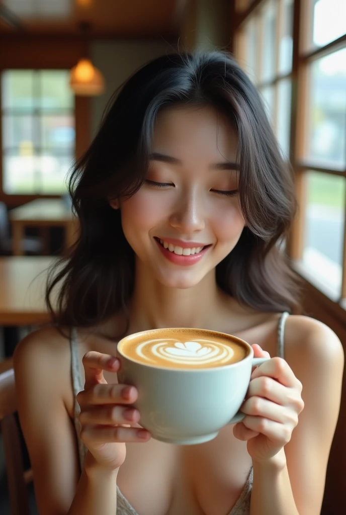 A beautiful Japanese woman in her early 20s with long hair and a sleepy expression, full frontal nude, no underwear、is holding a coffee cup and drinking a latte、Holding the camera for a selfie、