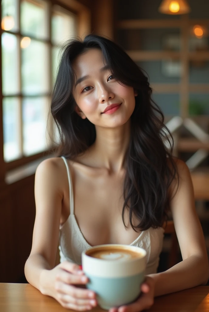 A beautiful Japanese woman in her early 20s with long hair and a sleepy expression, full frontal nude, no underwear、is holding a coffee cup and drinking a latte、Holding the camera for a selfie、
