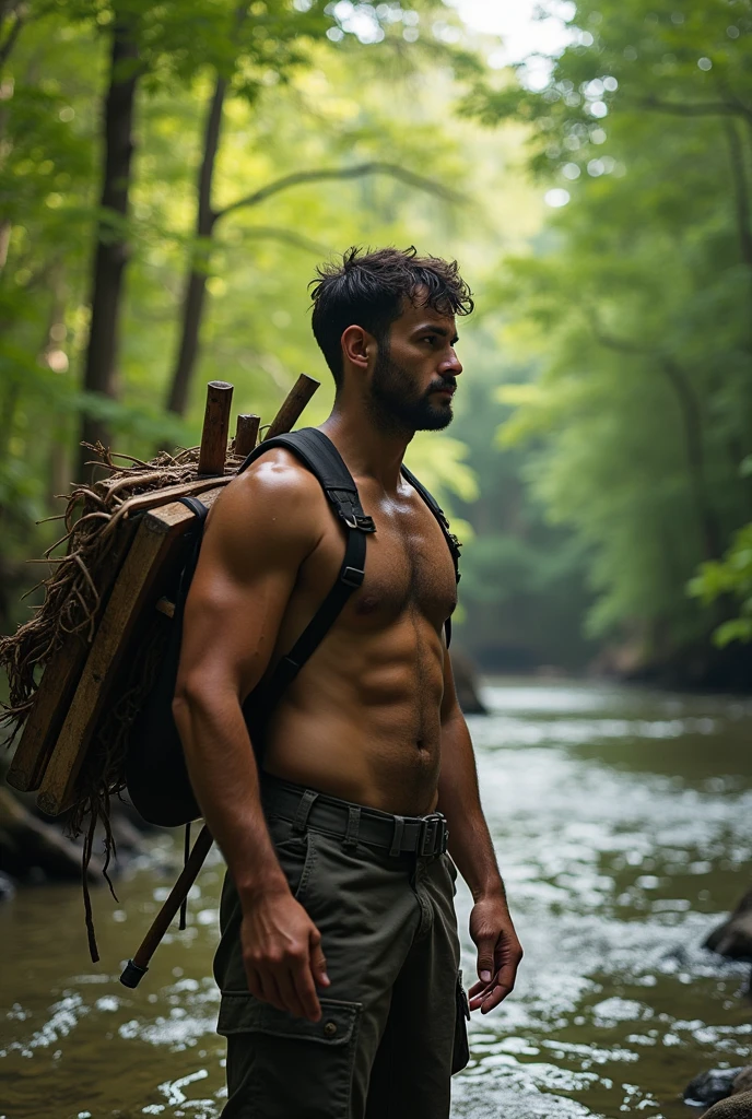 A powerful moment where the man stops in his tracks, realizing the weight of the raft on his back. He stands in the middle of a forest clearing, looking back at the river he has already crossed. His expression shifts from determination to understanding, as he recognizes that carrying the raft is slowing him down.