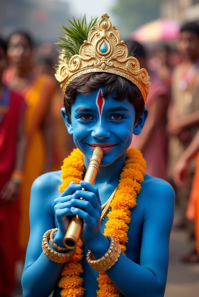 A young boy dressed as Krishna, with blue body paint, a golden crown, and yellow flower garlands, plays a flute in a vibrant procession. He is smiling and looking directly at the camera. His clothes are white and blue, and he is surrounded by other people in colorful clothing. The scene is full of energy and joy. [Photorealistic, portrait, close-up], [Inspired by the work of Steve McCurry], [Shallow depth of field, focus on the boy's face, natural lighting, warm colors, high contrast, sharp details]