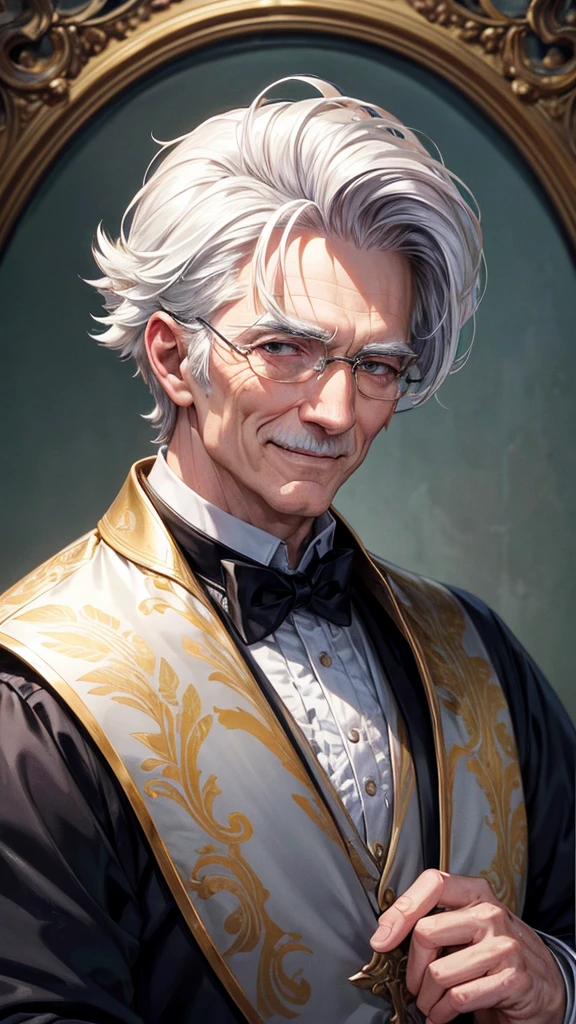 masterpiece, best quality, high resolution, closeup portrait, a male, white hair, Servant uniform, amazing composition, front view, HDR, ultra quality, elegant, highly detailed, old man, handsome grandpa, smile