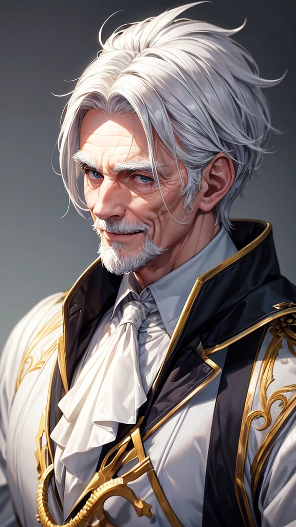 masterpiece, best quality, high resolution, closeup portrait, a male, white hair, Servant uniform, amazing composition, front view, HDR, ultra quality, elegant, highly detailed, old man, handsome grandpa, smile