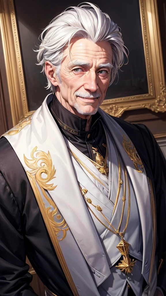 masterpiece, best quality, high resolution, closeup portrait, a male, white hair, Servant uniform, amazing composition, front view, HDR, ultra quality, elegant, highly detailed, old man, handsome grandpa, smile