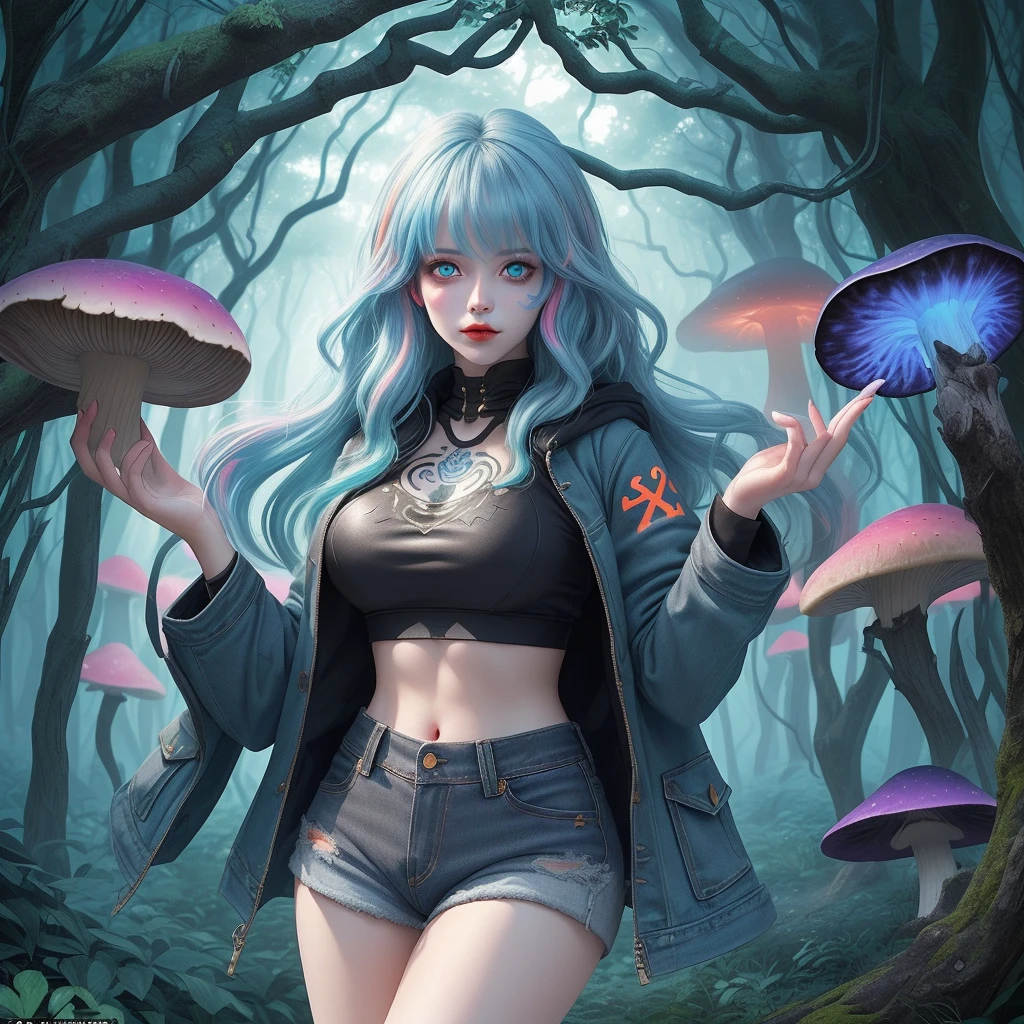 A fantasy girl with light blue-gray skin and large, vibrant eyes stands in a magical forest filled with large, glowing mushrooms. She has long, multi-colored hair that mixes blue-green, pink, and orange, which hangs from under the hood of an intricately patterned, bright orange cloak. Her face and body are adorned with tribal rune tattoos that match the pattern on her jacket. She wears a tight-fitting black crop top and dark denim shorts with metallic trim, giving her a look that is a mix of ancient, intricate, and futuristic. The backdrop is a dimly lit dream forest, giving the feeling of being in a dreamland of fantasy and wonderland..