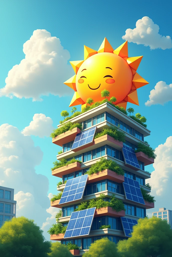 A small cartoon sun to promote solar energy large solar panels in a city apartment