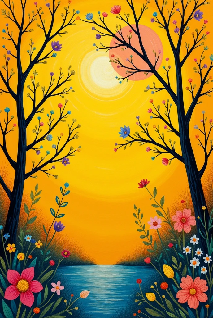 Abstract easy-on-the-eye colourscheme shimmer and lightstreaks butter yellow fantastical naive art henri rousseau childish wild