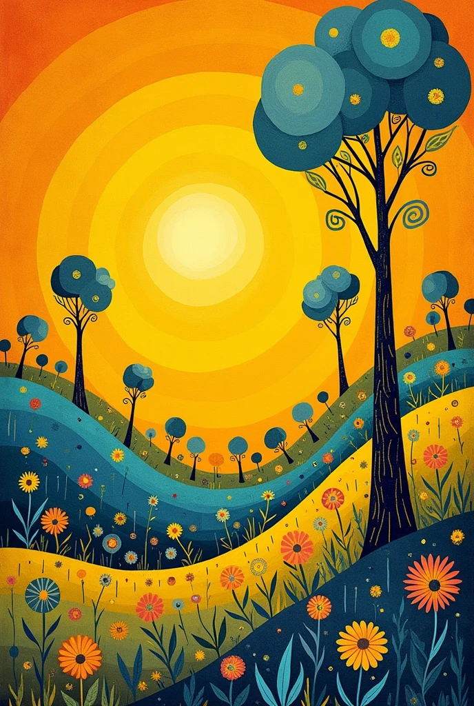 Abstract easy-on-the-eye colourscheme shimmer and lightstreaks butter yellow fantastical naive art henri rousseau childish wild