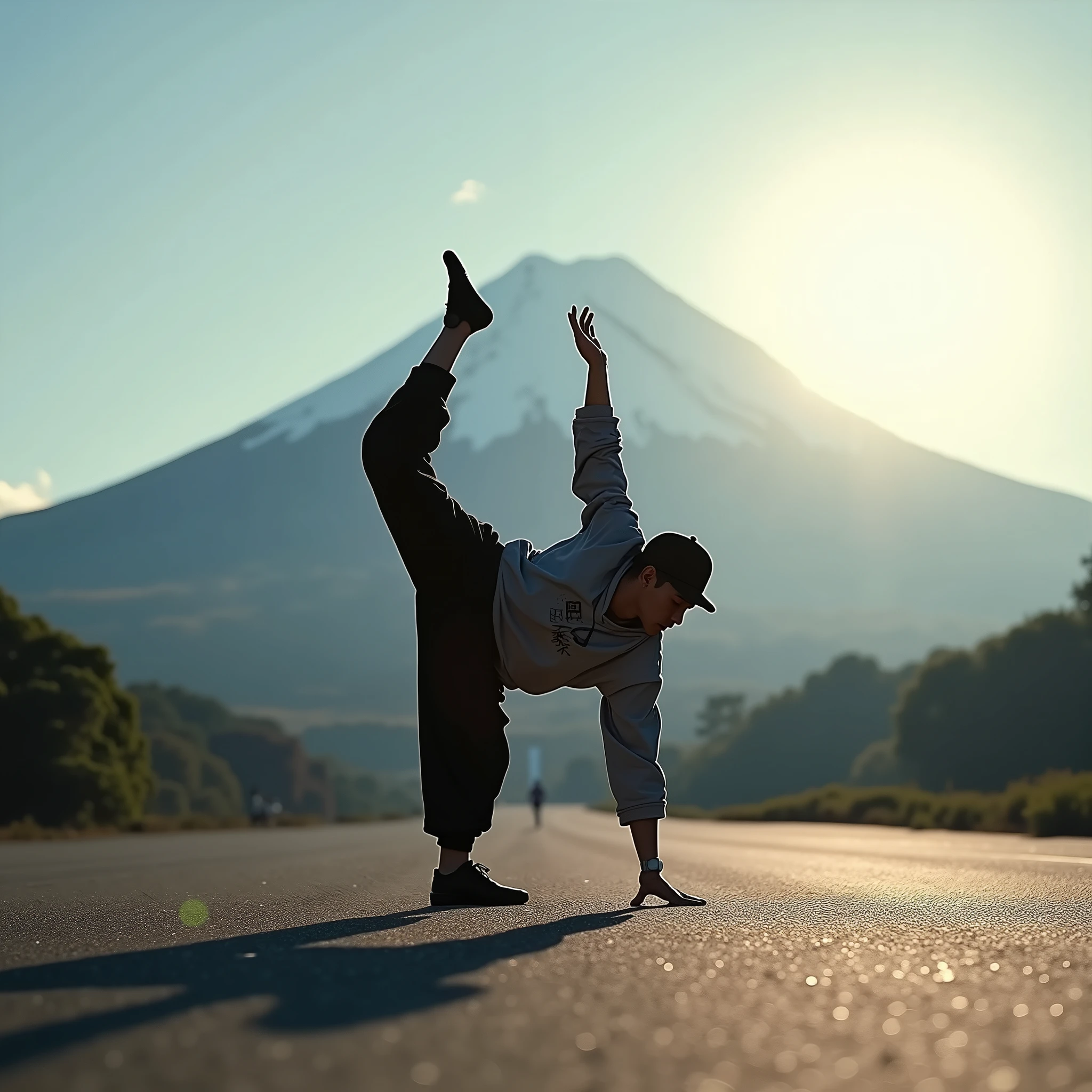 Japanese Bboy dressed in hip hop clothes, performing a breakdance freeze in front of Mount Fuji, with the volcano in sharp focus and the background blurred, creating a cinematic atmosphere. The bboy's pose should convey strength and dynamism, contrasting with the serenity of the mountain. dramatic lighting, with sun rays hitting the bboy and Mount Fuji, Enhancing the Scene. Visual Style: アニメ, cinematographic, realisitic.