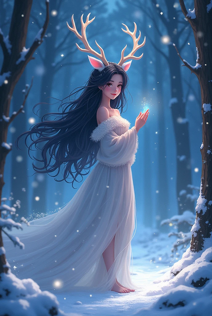anime, half reindeer beautiful , dark hair, provide for animal processing