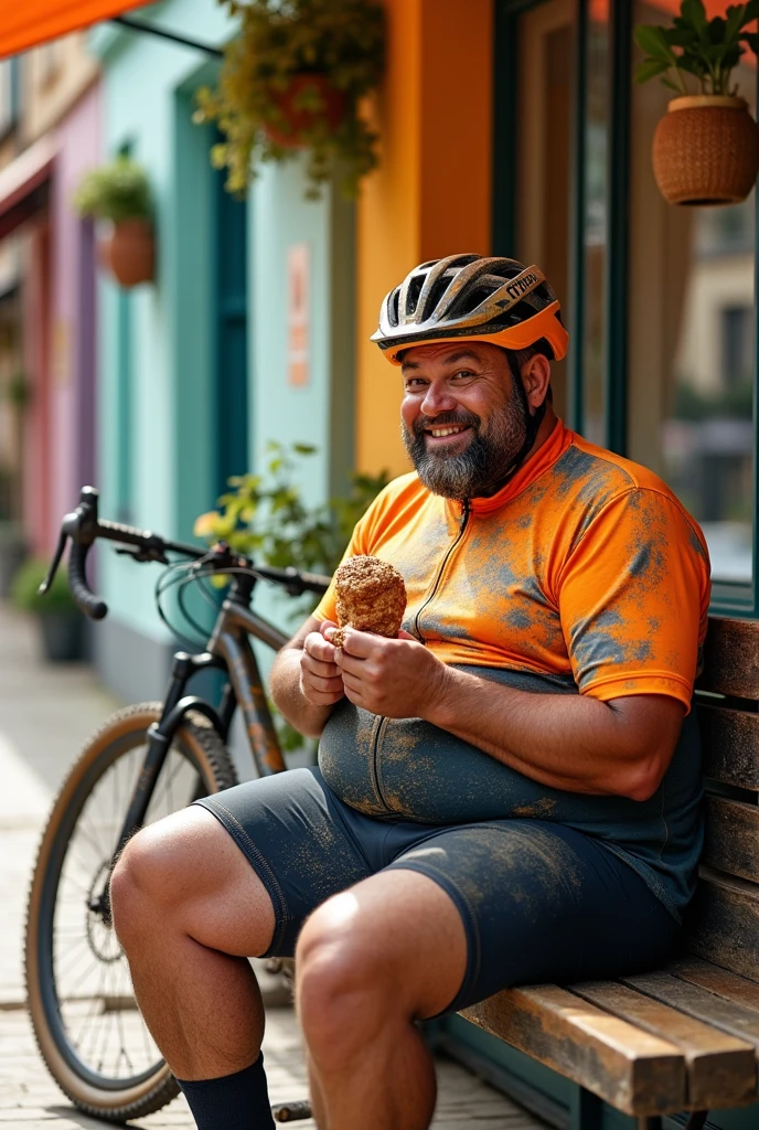 Fat cyclist with helmet and dirt-stained cycling clothes sitting in front of bakery, eating a snack and looking at his mountain bike all covered in dirt