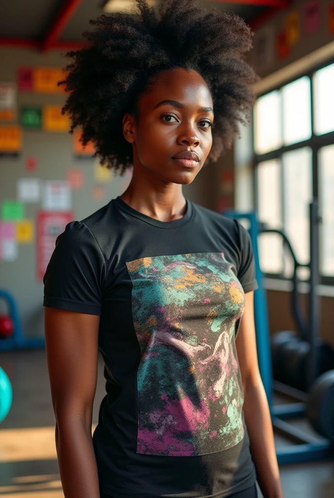 Black woman in t-shirt at gym 